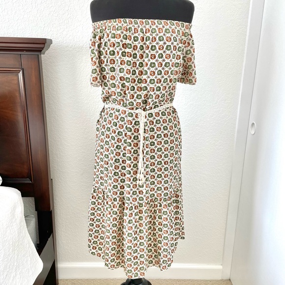 Off-Shoulder Italian Midi Peasant Dress w Faux Leather Belt - Picture 1 of 7